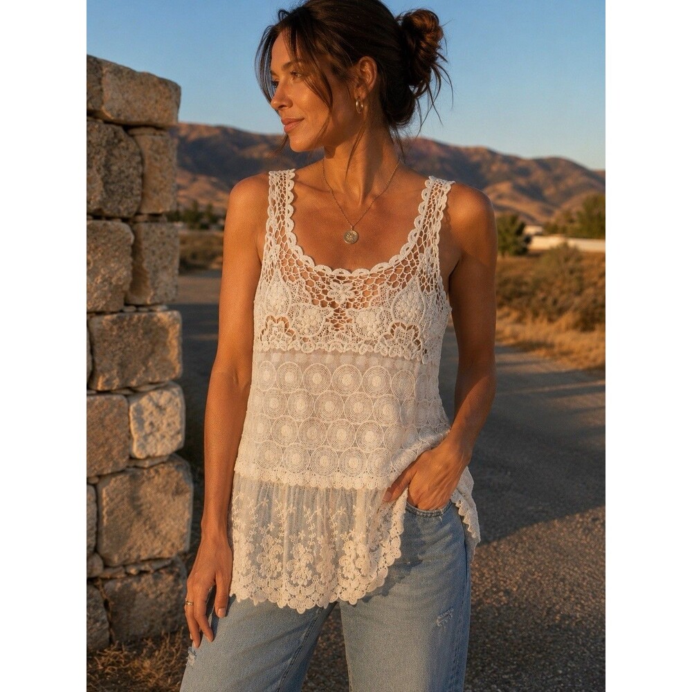 ISSI Crochet Lace Tank Top Boho Sheer Embroidered Ivory Small